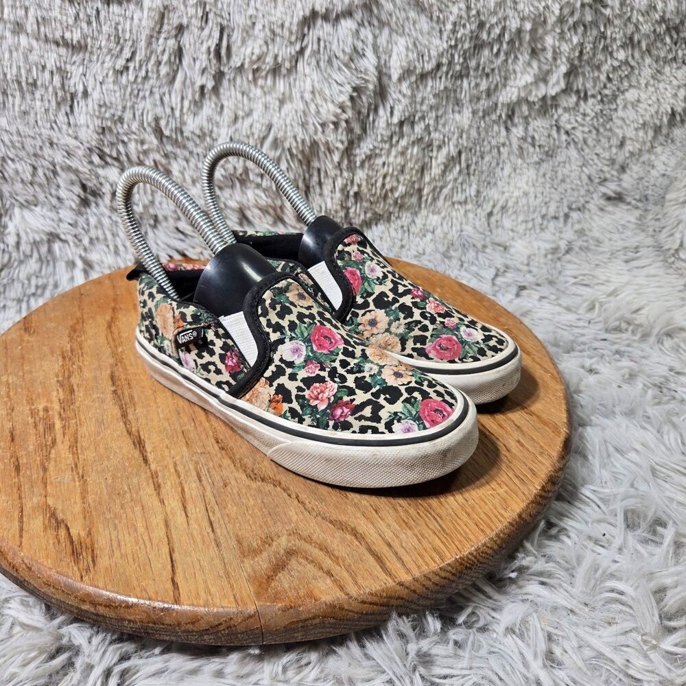 Vans Infant Slip-On Crib Floral Leopard Pattern Black Hook Loop Baby Shoe Size 1